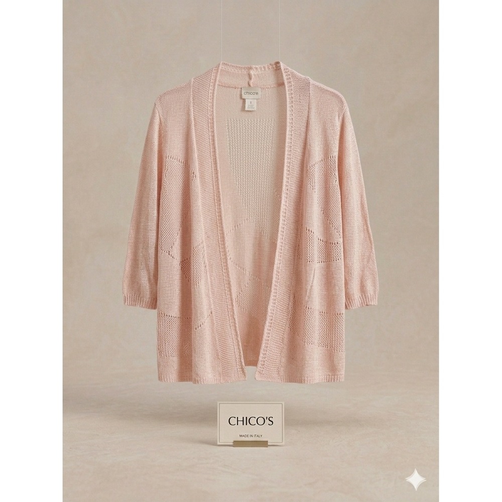 Chico's Cardigan Women 1 Pink Open Front Pointelle Linen Blend Lightweight Knit